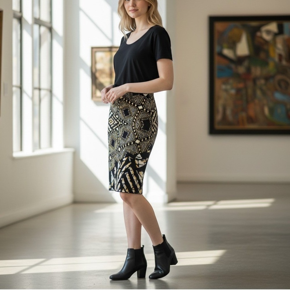 BCBGMAXAZRIA XS Geometric Print Knit Pencil Skirt Black White Gold
